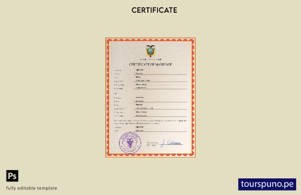 Plantilla PSD de certificado de matrimonio de Ecuador listo para imprimir